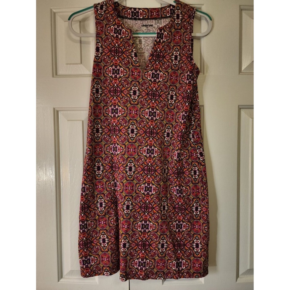 Lands End Womens XS Pink Orange Medallion Split Neck Sleeveless Shift Dress - Picture 7 of 10